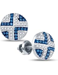 10K White Gold Round Brilliant Cut Blue and White Diamond - Round Shape Prong Set Studs Earrings with Secure Screw Back Closure - (1/5 cttw.)