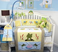SoHo Froggies Pond Baby Infant Crib Nursery Bedding Set 13 pcs included Diaper Bag with Changing Pad & Bottle Case
