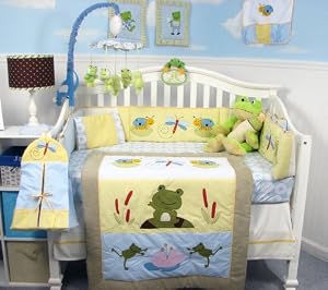 SoHo Froggies Pond Baby Infant Crib Nursery Bedding Set 13 pcs included Diaper Bag with Changing Pad & Bottle Case