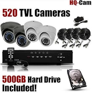 HQ-Cam® 4-Channel H.264 DVR Surveillance Security Package System with 4 x 520 TV Lines Indoor/Outdoor Day Night Vision Cameras For Home Security with Power Suplies and Cables, Pre-Installed 500GB HDD