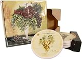 White Grapes Motif Set of Napkins + Absorbent Stone Ceramic Coasters in Wood Holder, Wine Themes, 2 designs