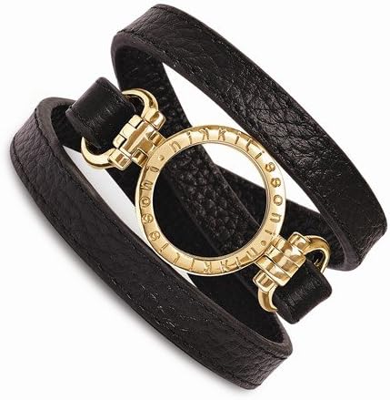Nikki Lissoni Black Leather with Small Gold Tone Coin Holder Wrap Bracelet