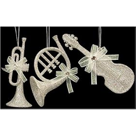 Set of 3 Sparkling Silver Musical Instrument Christmas Ornaments