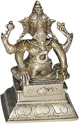 Lord Ganesha Brass Sitting Statue Playing Hormonium 4 x 3 x 5.5 inches