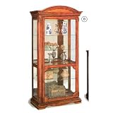 Cherry finish wood curio cabinet with glass shelves, mirrored back and glass doors
