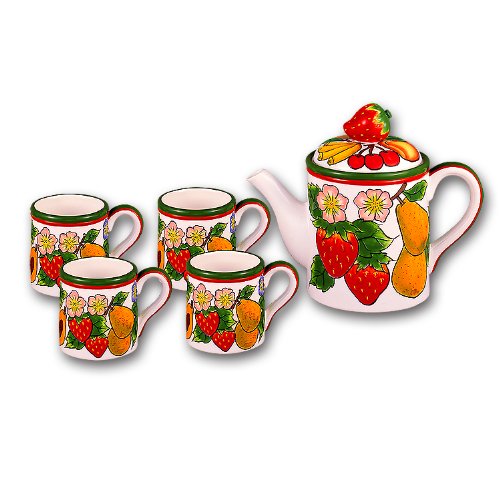 Ceramic Fruit Tea Pot and Cup Serveware Set of 5pc Ceramic Fruit Tea Pot and Cup Serveware Set of 5pc