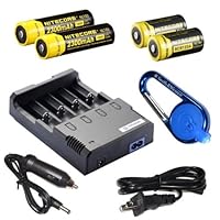 Nitecore Sysmax Intellicharge i4 version 2, Four Bays universal home/car battery charger, Two Nitecore 18650 NL183 2300mAh rechargeable batteries, Two Nitecore RCR123 NL166 650mAh rechargeable batteries with Smith & Wesson Carabeamer LED Clip Light package