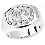 Solid Sterling Silver Cubic Zirconia Rhodium Plated Men's Ring with Large Center CZ and Surrounding Small CZ Stones