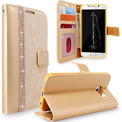 S6 Edge Case, Galaxy S6 Edge Case, Cellularvilla [Diamond Jewel] Embossed Flower Design Premium PU Leather Wallet Case [Card Slots] Folio Flip Cover For Samsung Galaxy S6 Edge G925 (Golden Bling)