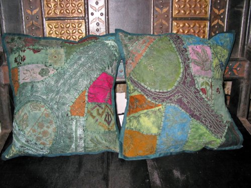 2 Decorative Green Gujrati Embroidered Sari Toss Pillow Cushion Covers