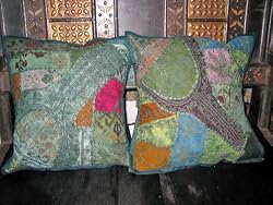 2 Decorative Green Gujrati Embroidered Sari Toss Pillow Cushion Covers