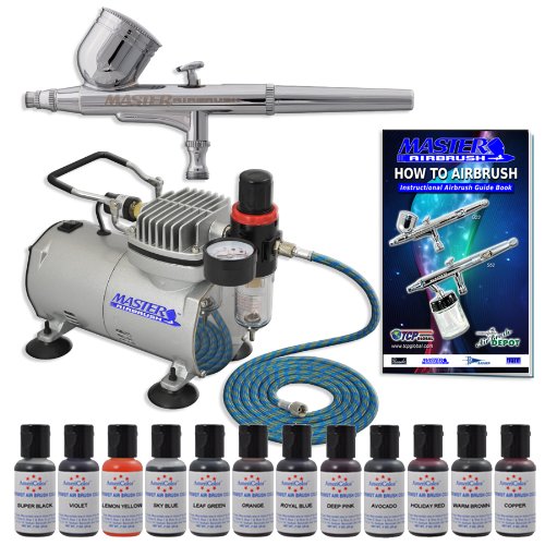 MASTER Cake Decorating Airbrush Kit with 12 Food Color Set With Airbrush Depot 1 Year Warranty Tankless Compressor and 6 Foot Air Hose Set