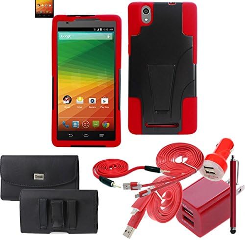 Red Rugged Hybrid Kickstand Case for ZTE Zmax Z970. Hard Shell with Kickstand on the outside, Silicone Gel with bumpers on the inside and corners. Comes with Dual USB Car Charger, Dual USB 2.1 amp House Charger, 3ft Cable, 10ft Extra Long USB Cable, AUX Cord, Stylus Pen and Leather Horizontal Carry Case that Fits your Phone with the Cover on it.