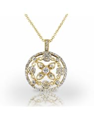 14KT Yellow Gold Pretty Round Diamond Fashion Pendant with Flower and Leaf Design. 1 1/6 CTW