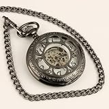 New Mens Black Stainless Steel Case White Dial Hand-Wing Up Mechanical Pocket Watch with Chain