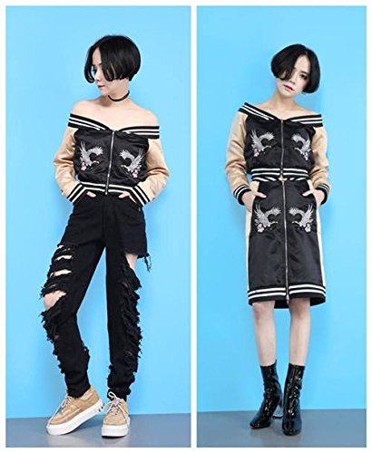 【ノーブランド品】スカジャン 花 刺繍 野球服風 スカジャンパー アウター オフショルダー ハイウエスト コート ジャンパー ブルゾン スカジャン レディーズ ブラック M