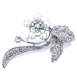 Pugster Leaf April Birthstone Clear Crystal White Pearls Brooches Pins