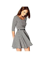 Elbow Length Sleeves Houndstooth Print Plaid Print Belted Polyester  Dress