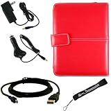 Red Leather Cover Case, USB 2in1 Data Cable, Car Charger, and Wall Charger with 4-Inch eBigValue TM Determination Hand Strap for the Sony Reader eBook Touch Edition PRS-600
