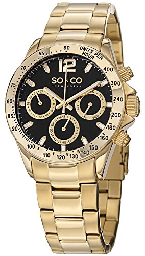 SO&CO New York Men's 5001.2 Monticello Quartz Day and Date 23K Gold-Tone Stainless Steel Link Bracelet Watch