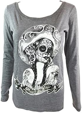 Rockabilly Pinup Beautiful Sugar Skull Lady Tattoo Art Long Sleeve Tee (M)
