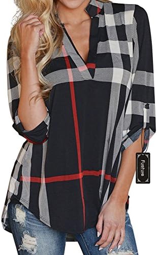 Womens Loose Chiffon Tartan Check Blouse Plaid V Neck Shirt Tops (S, Black)