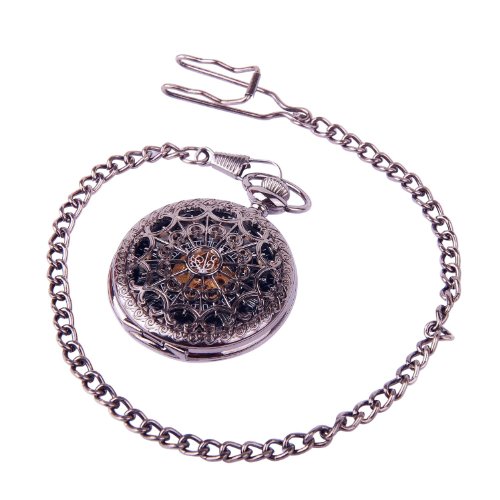 ARMEL Skeleton Pocket Watch Chain Mechanical Hand Wind Half Hunter Antique Look Value Quality PW001