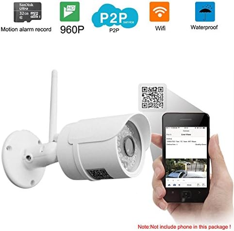 Smartiscam 960p Outdoor Waterproof Wireless IP Camera,built in 32G SD Card support Motion Alarm Record with Night Vision up to 65ft, Support IOS and Android Remote View and Playback (white)