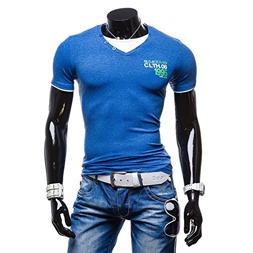 Men Summer Casual Button V Neck Slim Muscle Tops Tee T Shirt Cotton 1995 print (L, Blue)