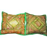 2 Decorative Greengold Sequen Sari Pillows Cushion Covers India