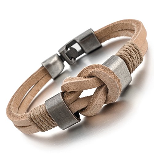Men's Alloy Genuine Leather Bracelet Bangle Rope Brown Silver Infinity Braided (with Gift Bag)