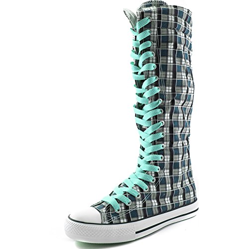 DailyShoes Women's Canvas Mid Calf Tall Boots Casual Sneaker Punk Flat, Blue Wht Plaid Boots, Ocean Blue Lace