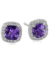 Sterling Silver Checkboard Cushion Cut Created White Sapphire Halo Stud Earrings