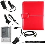 Red Leather Cover Case, USB 2in1 Data Cable, Car Charger, and Wall Charger with 4-Inch eBigValue TM Determination Hand Strap for the Sony Reader eBook Touch Edition PRS-600