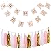 Wisehands Garlands Pack with 15 Tissues Papers Tassels Garland with 3 Mixed Colors (White + Pink+ Gold) and Happy Birthday Bunting Banner, Pink with Gold Letters