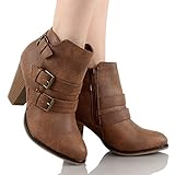 Forever Women's Buckle Strap Block Heel Ankle Booties, Tan 8