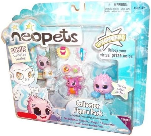 Neopets Series 1 Collector Figure 3 Pack Set with 2 Neopets (Faerie JUBJUB and Striped MYNCI), 1 Petpet (Feloreena) and 4 Accessories Plus Bonus Trading Card