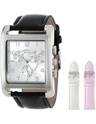 Geneva Womens 2377-setB-GEN Silver-Tone Square Oversized Watch Set with Three Interchangeable Faux Leather Straps