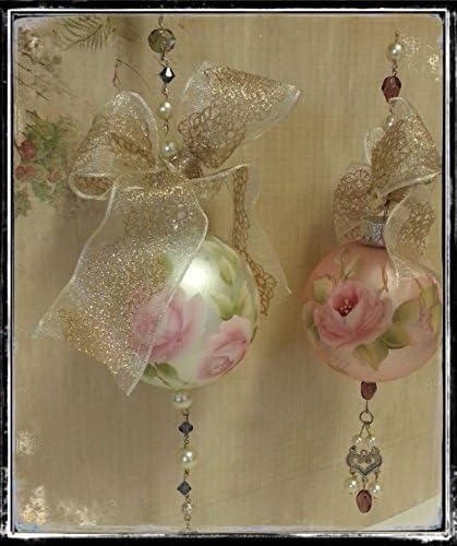 Set of 2 Victorian Rose Sparkle Hand Painted Christmas Glass Ornaments Shabby Cottage Chic New