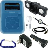 Premium Combo Pack: Rubberized (Blue) Silicone Skin Case, USB 2in1 Sync / Charging Cable, USB Car Charger, USB Wall / Travel Charger, Earphones, Cube Foldable Speaker Dock, 3.5mm Retractable Auxiliary Stereo Cable, and Free Carabiner Key Chain for the SanDisk Sansa Clip+ Plus