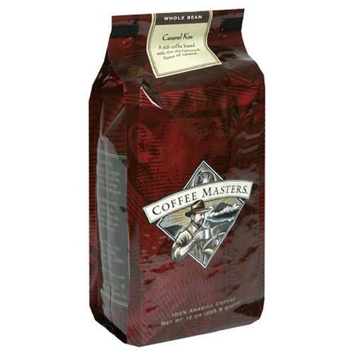 Coffee Masters Flavored Coffee, Caramel Kiss, Whole Bean, 12-Ounce Valve Bag, (Pack of 4)