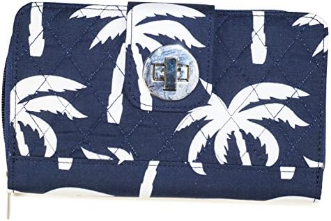 Turn Lock Quilted Double Zip Around Wallet, Palm Trees (Navy Blue)