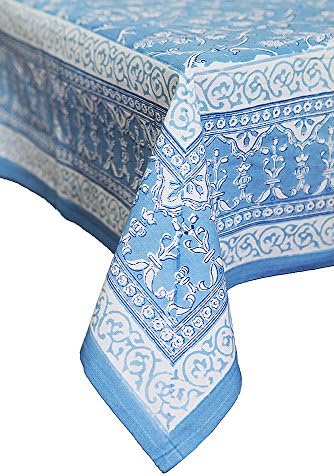 Petal Pushing Azure Hand Printed Cotton Tablecloth, Round, Blue
