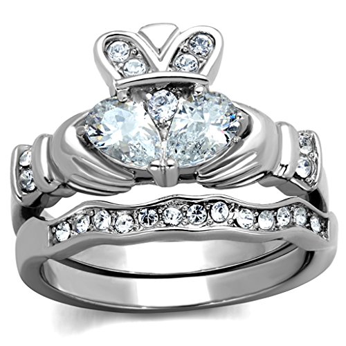Women Irish Claddagh Pear Shape Clear Cubic Zirconia Stainless Steel Wedding Ring Band Set Size 5-10 SPJ