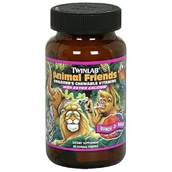 Twinlabs Animal Friends Childrens Chewable Vitamins with Extra Calcium, Bunch-O-Berry, 50 Count (Pack of 3)