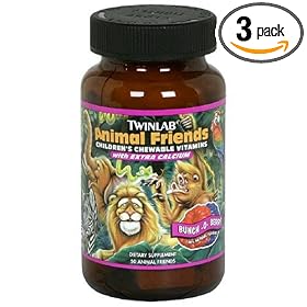 Twinlabs Animal Friends Childrens Chewable Vitamins with Extra Calcium, Bunch-O-Berry, 50 Count (Pack of 3)