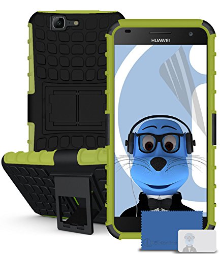 iTALKonline Huawei Ascend G7 (G7-L01, G7-L03) Green Black Tough Hard Shock Proof Rugged Heavy Duty Case Cover with Viewing Stand and LCD Screen Protector Guard