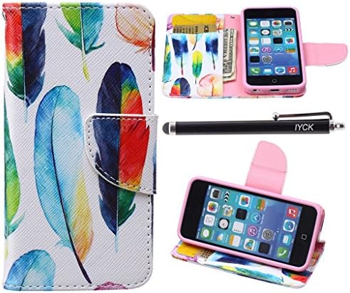 iPhone 5C Case, iPhone 5C Case Wallet, iYCK Premium PU Leather Flip Folio Carrying Magnetic Closure Protective Shell Wallet Case Cover for iPhone 5C with Kickstand Stand - Colorful Feather