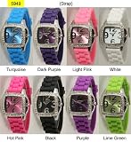 ROLEX Wrist Watches:Ladies Wrist Watch with Matching Soft Silicone Band and Square Face with Sparkly Diamond/rhinestone Stones