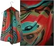 ULRIKE Oblong Chiffon Silk Scarf - with chocolate-, mauve-, and sienna-browns plus turquoise, geranium red and grass green all overdrawn with dots and lines of black.